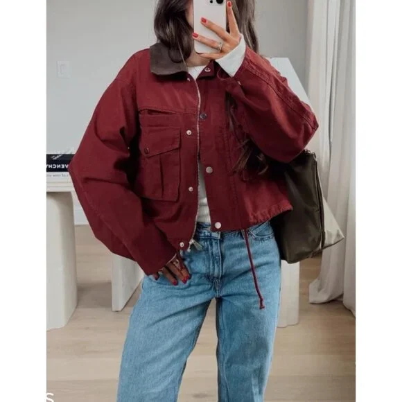 Women's Red Cropped Contrast Collar Utility Coat Cargo Jacket Imported - Picture 5 of 6
